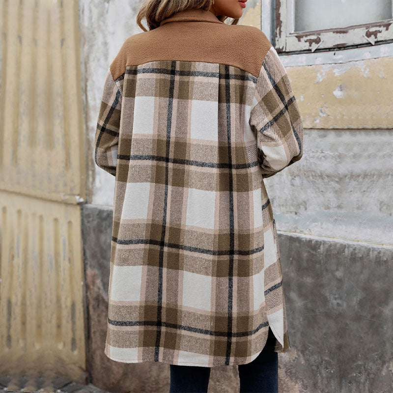 Veste longue Femme à carreaux style chemise avec poches poitrine