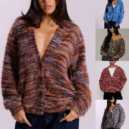 Cárdigan de punto suave multicolor para mujer, abotonado y con cuello de pico