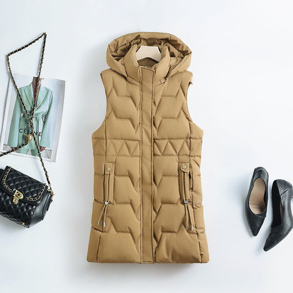 Piumino lungo smanicato da donna con cappuccio - Beige