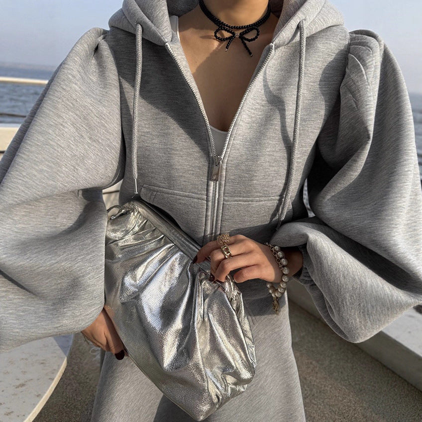 Ensemble jupe longue et sweat à capuche zippé manches bouffantes