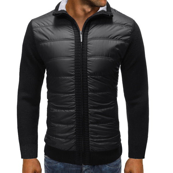Men's quilted and knitted jacket with a stand-up collar and zipper