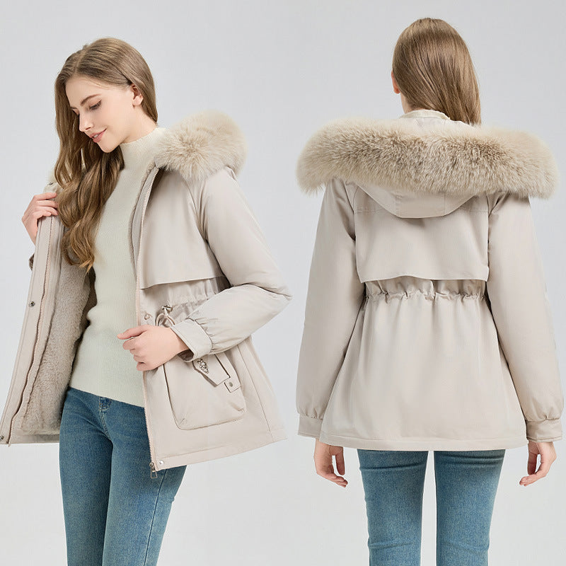 Damen-Parka mit Steppung, Kapuze mit Kunstpelzbesatz und verstellbarer Taille