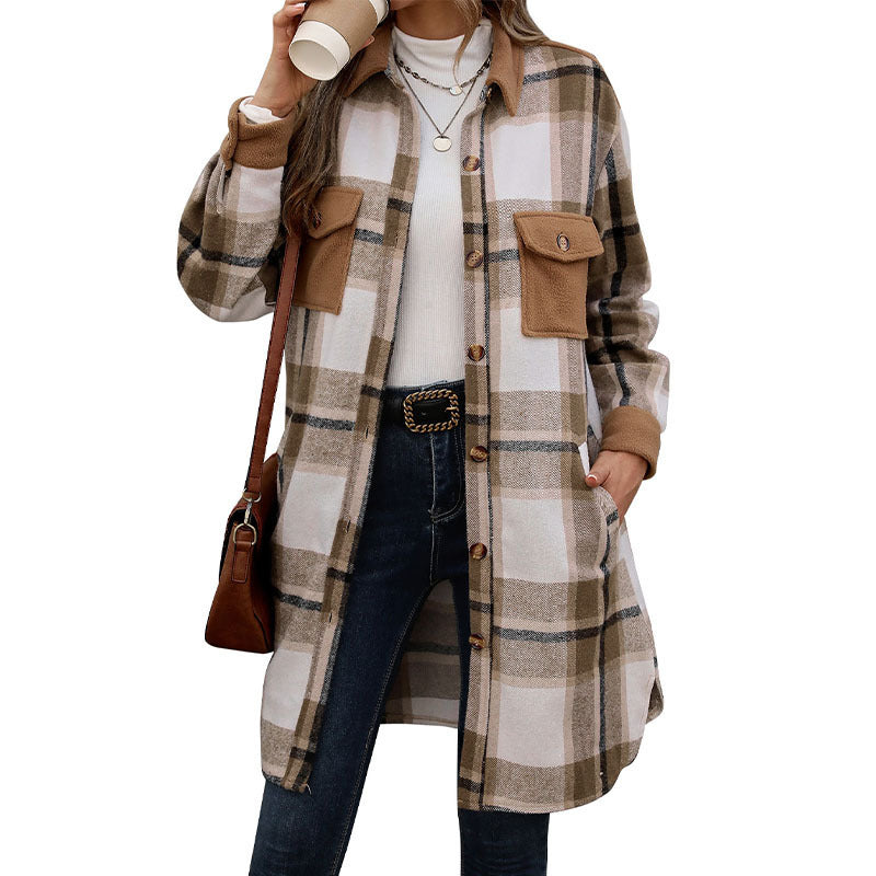 Veste longue Femme à carreaux style chemise avec poches poitrine