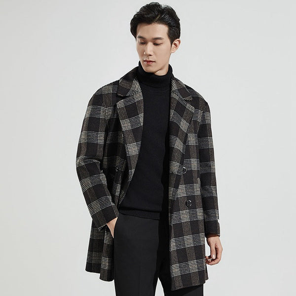 Men's Black and Gray Plaid Double-Breasted Coat