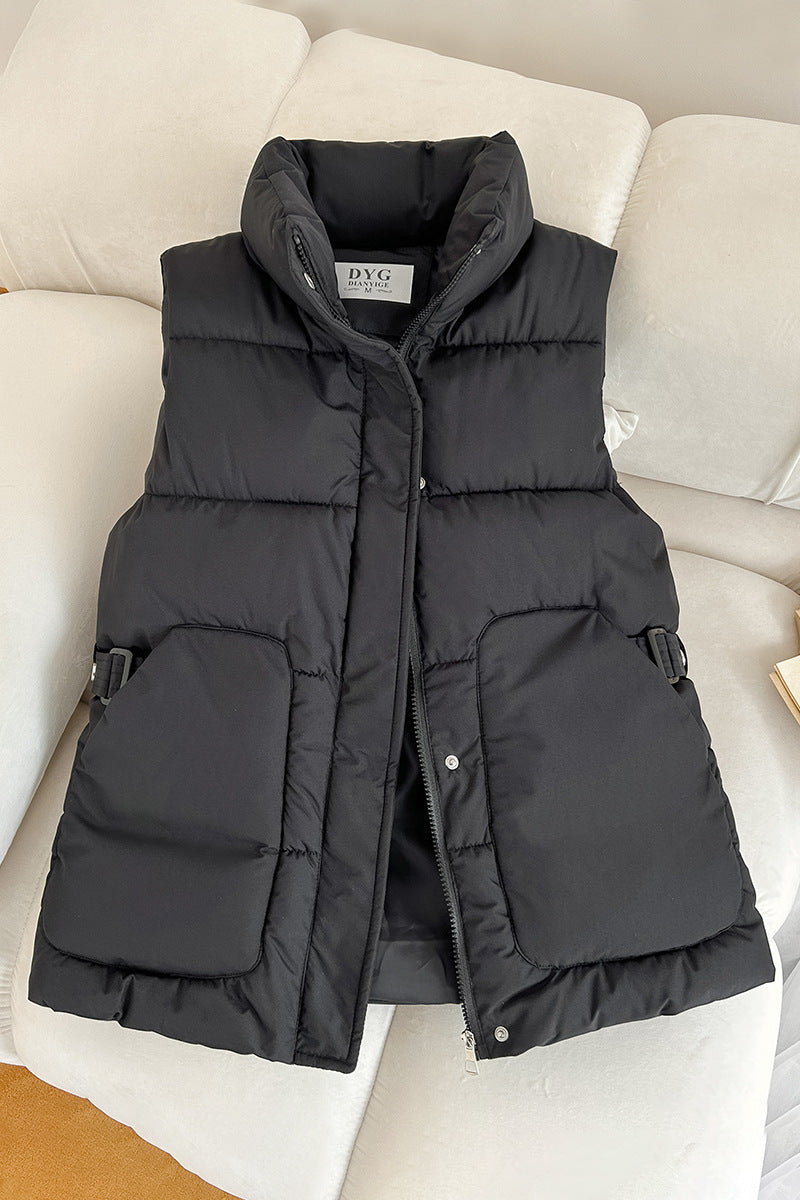 Solid-color quilted puffer vest with a stand collar and side flap pockets