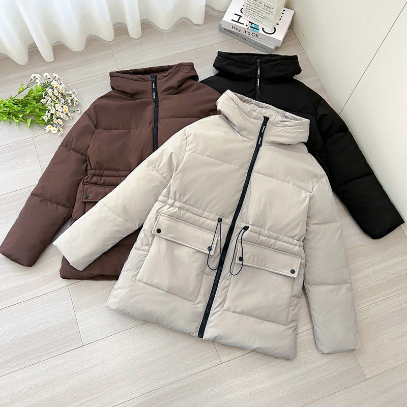 Women's mid-length quilted puffer jacket with hood and drawstring