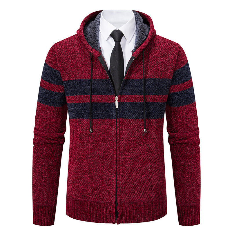 Strikket cardigan for menn med glidelås, hette og mykt fôr