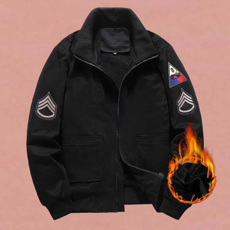 Men's Bomber-Style Jacket with Stand Collar and Decorative Patches