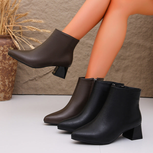 Women's ankle boots with a block heel, pointed toe, and side zipper
