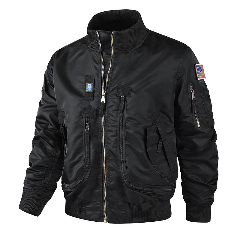 Men's Aviator Jacket with Multiple Pockets and Decorative Patches