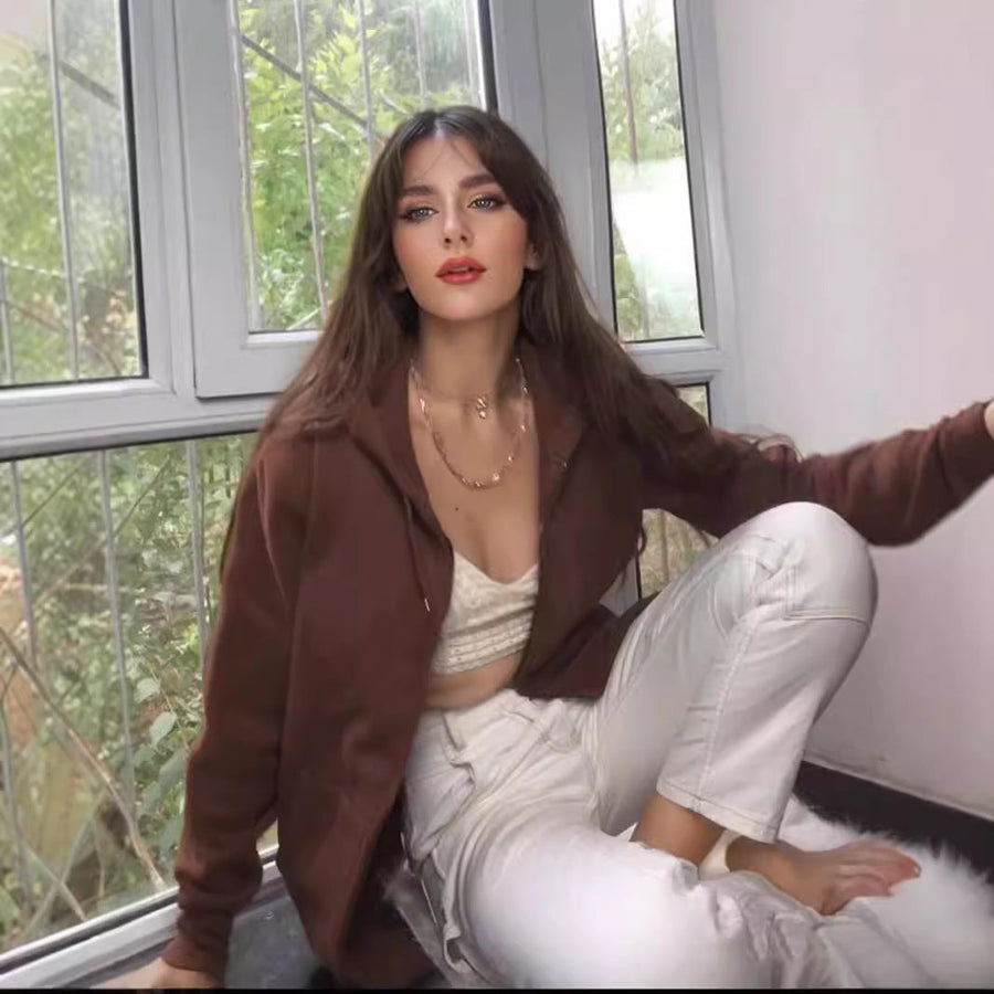 Sudadera lisa con capucha y cremallera, manga larga, estilo informal para mujer