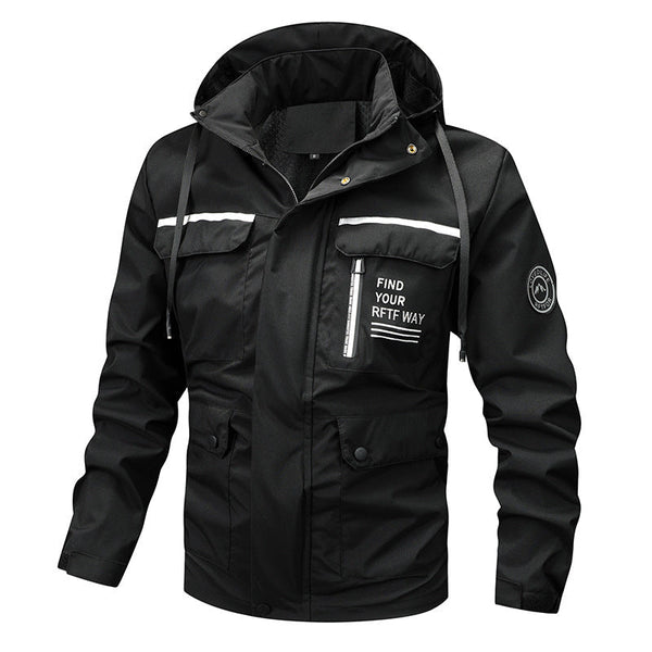 Men's Hooded Jacket with Multiple Pockets and Contrast Strip