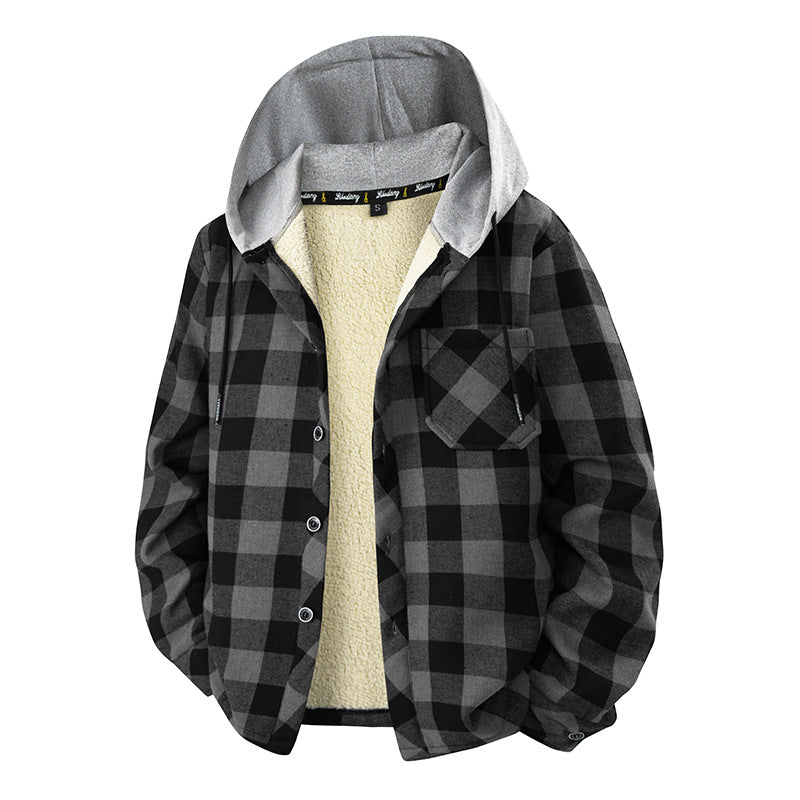 Men's plaid fleece-lined overshirt with hood - Black and Gray