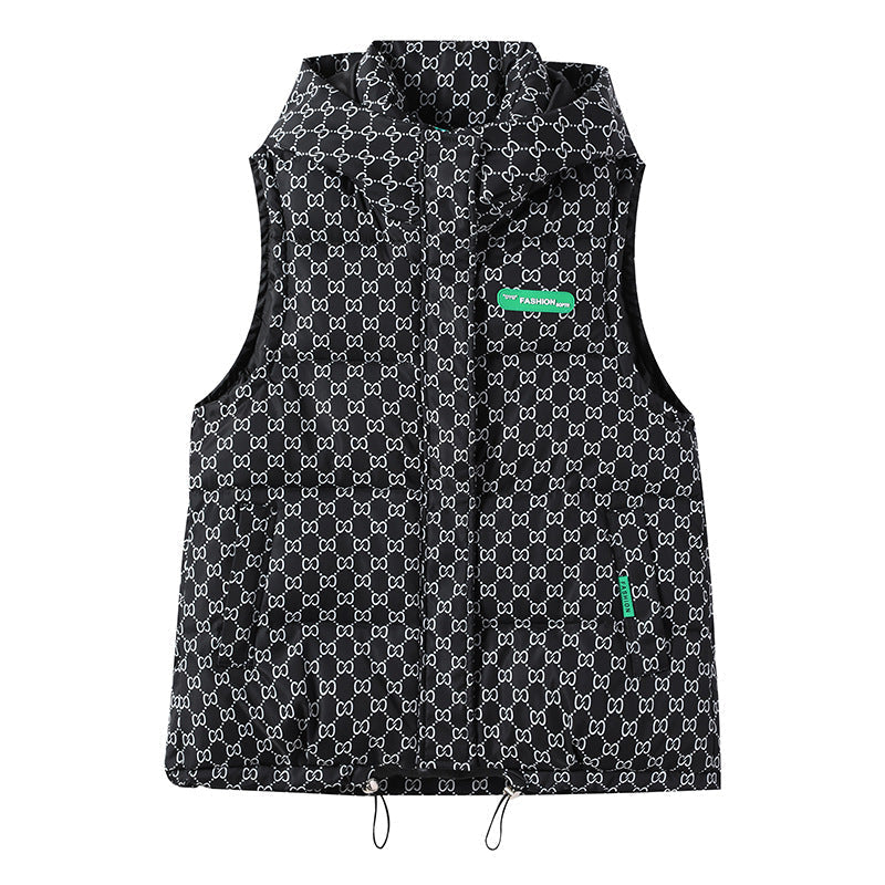 Unisex quilted sleeveless hooded jacket with assorted graphic patterns