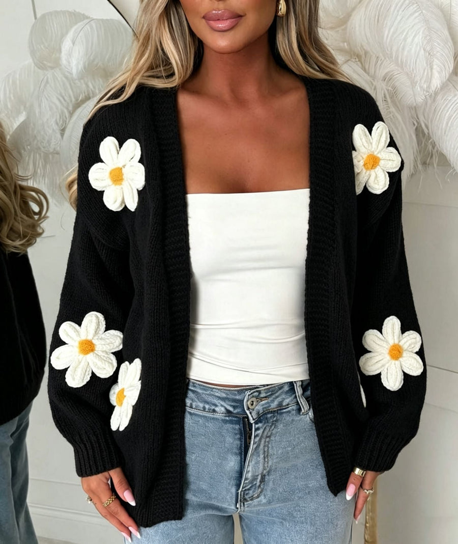 Offene Damen-Strickjacke mit aufgestickten Margeritenmotiven