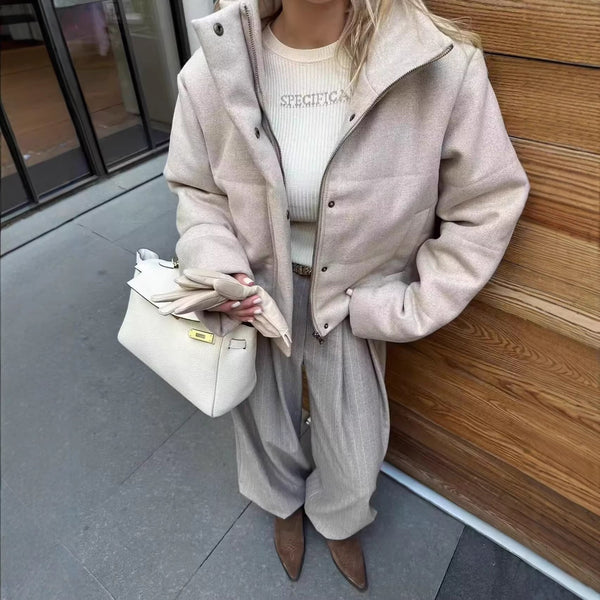 Giacca corta stile bomber da donna con colletto rialzato, beige chiaro