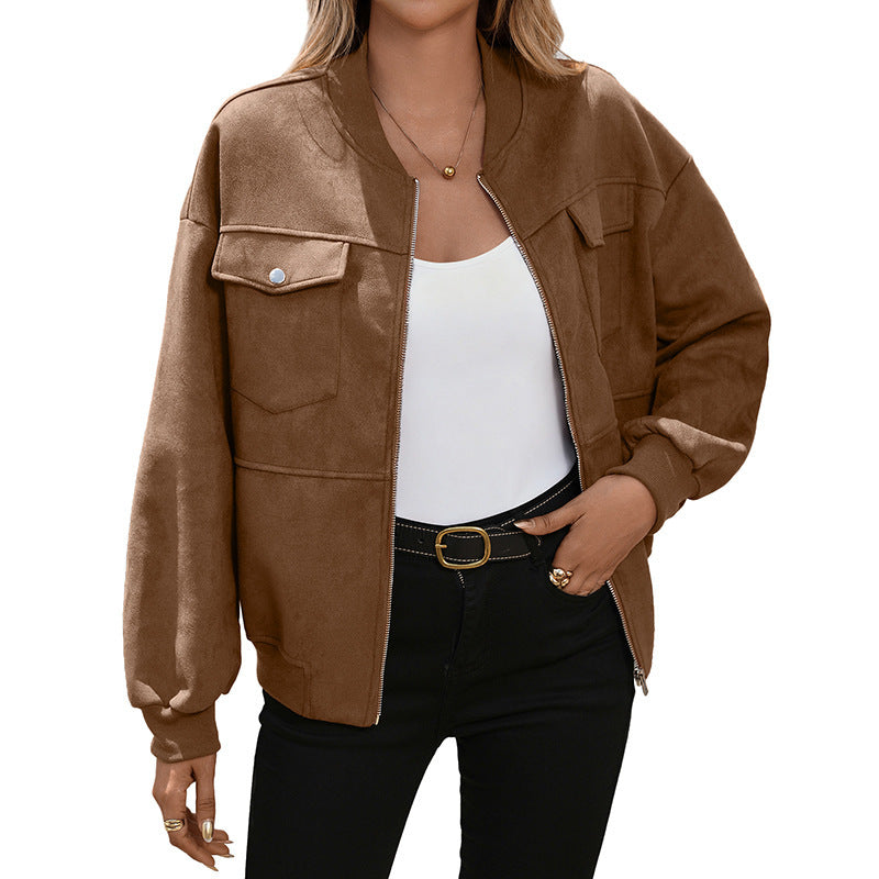 Chaqueta aviador marrón lisa para mujer con bolsillos en el pecho y cierre de cremallera