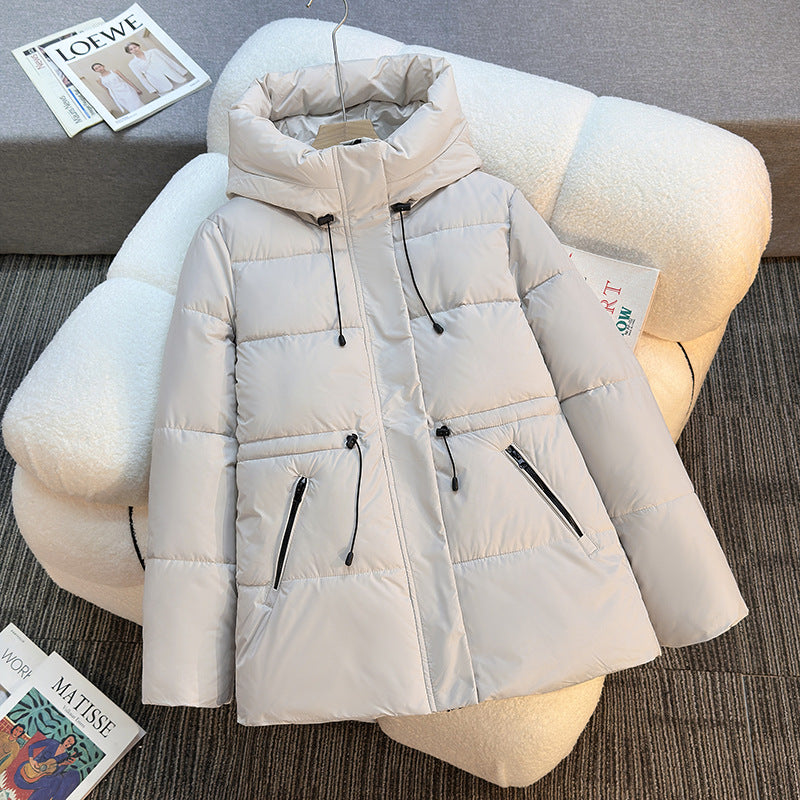 Short hooded puffer jacket with stand collar and drawstring, cream