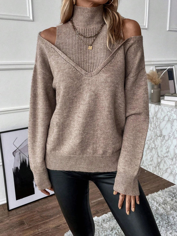 Suéter holgado de color liso para mujer, con cuello alto y hombros descubiertos