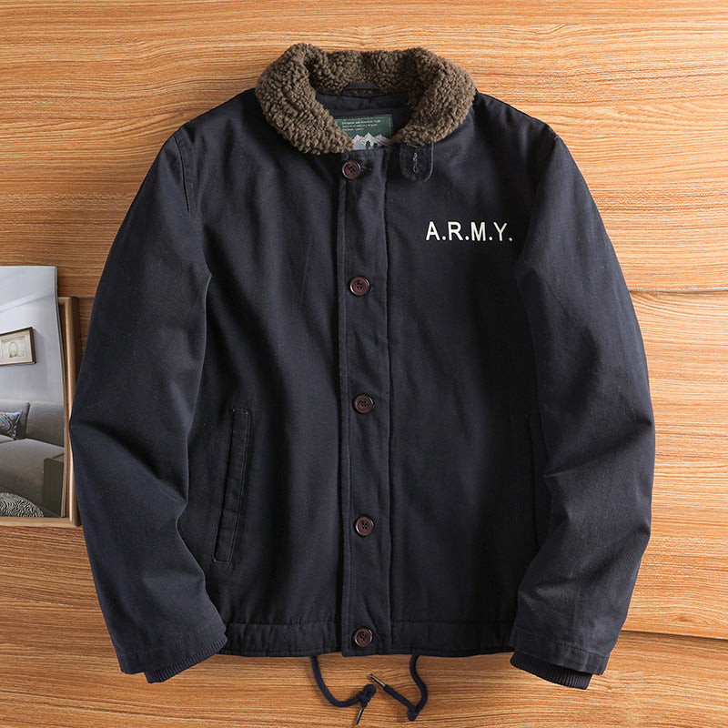 Herrenjacke mit Lammfelloptik am gefütterten Kragen, Knöpfen, Braun und den Buchstaben "A.R.M.Y."