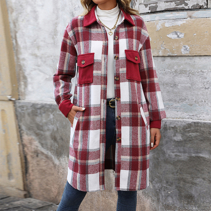 Veste longue Femme à carreaux style chemise avec poches poitrine
