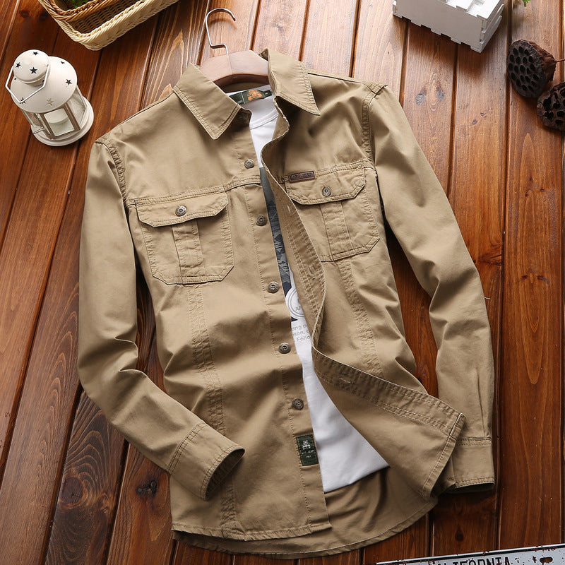 Camisa de hombre de manga larga, corte recto, estilo cargo, con dos bolsillos con solapa