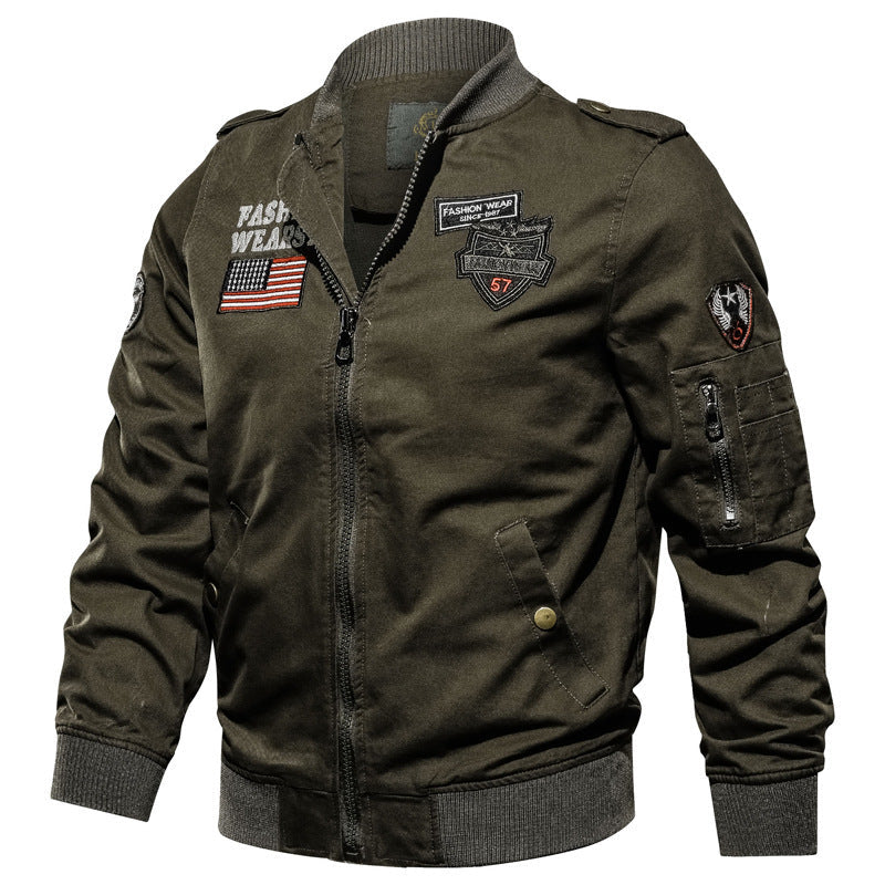 Blouson Bomber Homme Militaire Patches Col Montant Beige