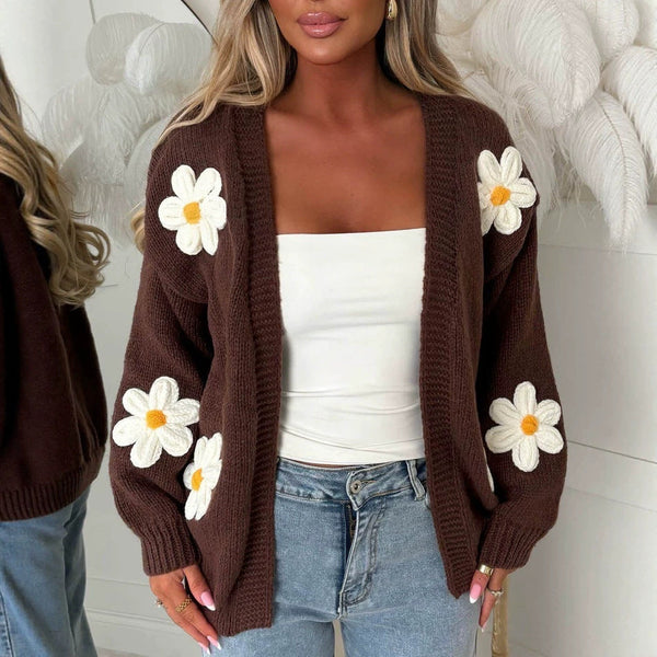 Cardigan da donna in maglia aperto con motivi di margherite ricamate