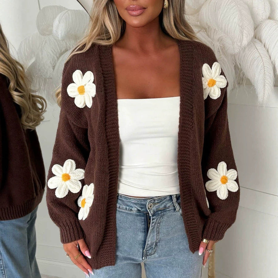 Offene Damen-Strickjacke mit aufgestickten Margeritenmotiven