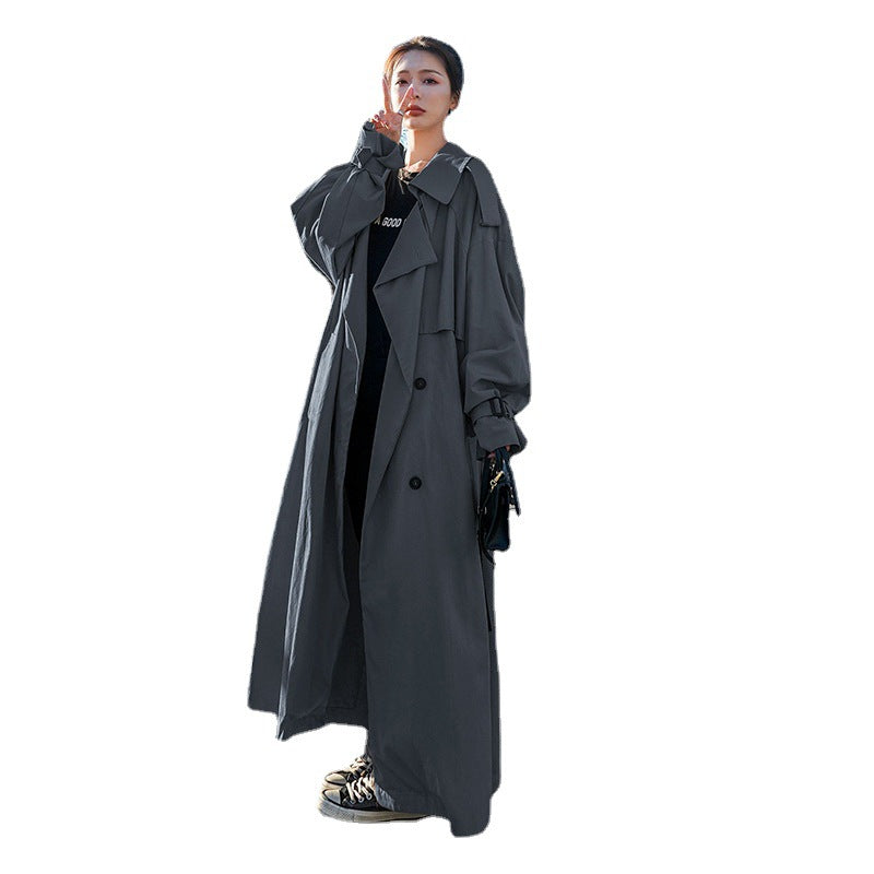 Women's long beige oversized trench coat with belt