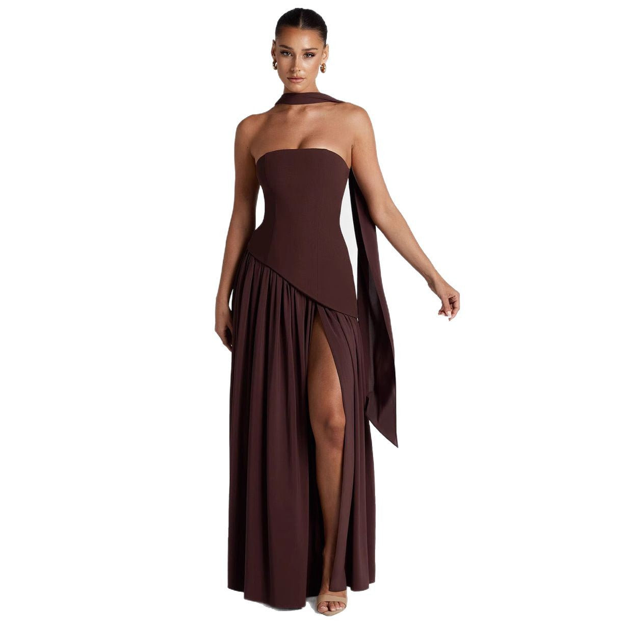 Robe de soirée élégante femme style bustier fluide fendue, idéale événements et cocktails