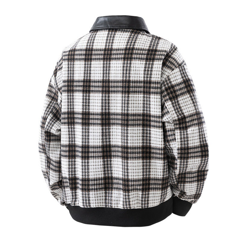 Men's plaid jacket with a black faux-leather collar, casual bomber style, zip-up