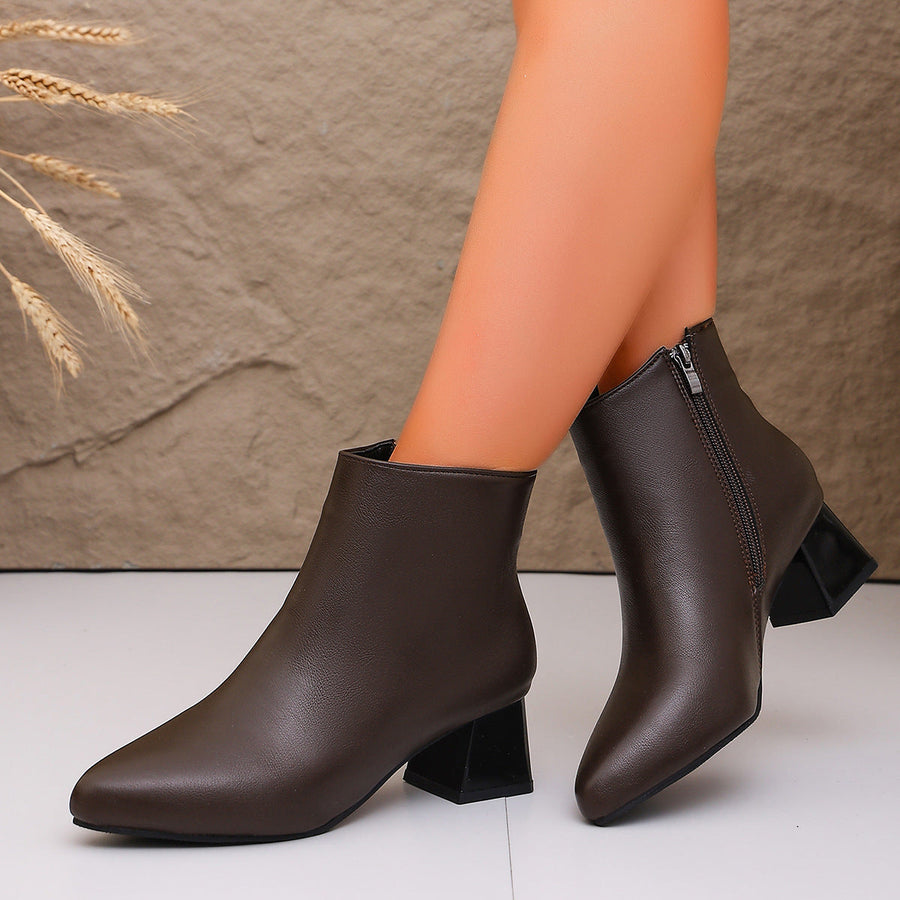 Bottines femme à talon bloc, bout pointu et fermeture éclair latérale
