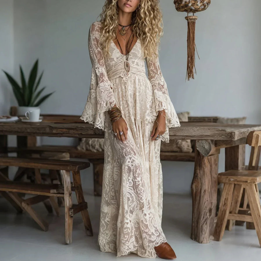 Beige Bohemian-Style Long Lace Dress with V-Neck and Flared Sleeves