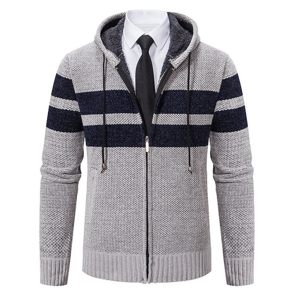 Men's knitted zip-up cardigan with hood and soft lining