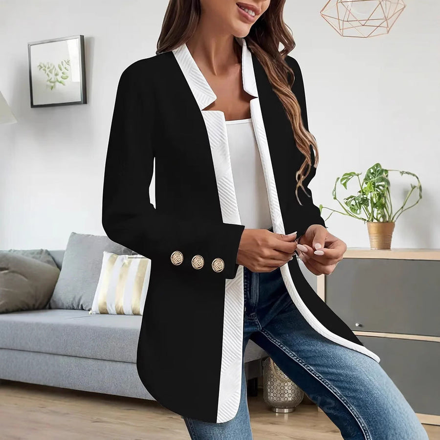 Elegante zweifarbige lange Damenjacke ohne Verschluss mit Stehkragen und dekorativen goldenen Knöpfen