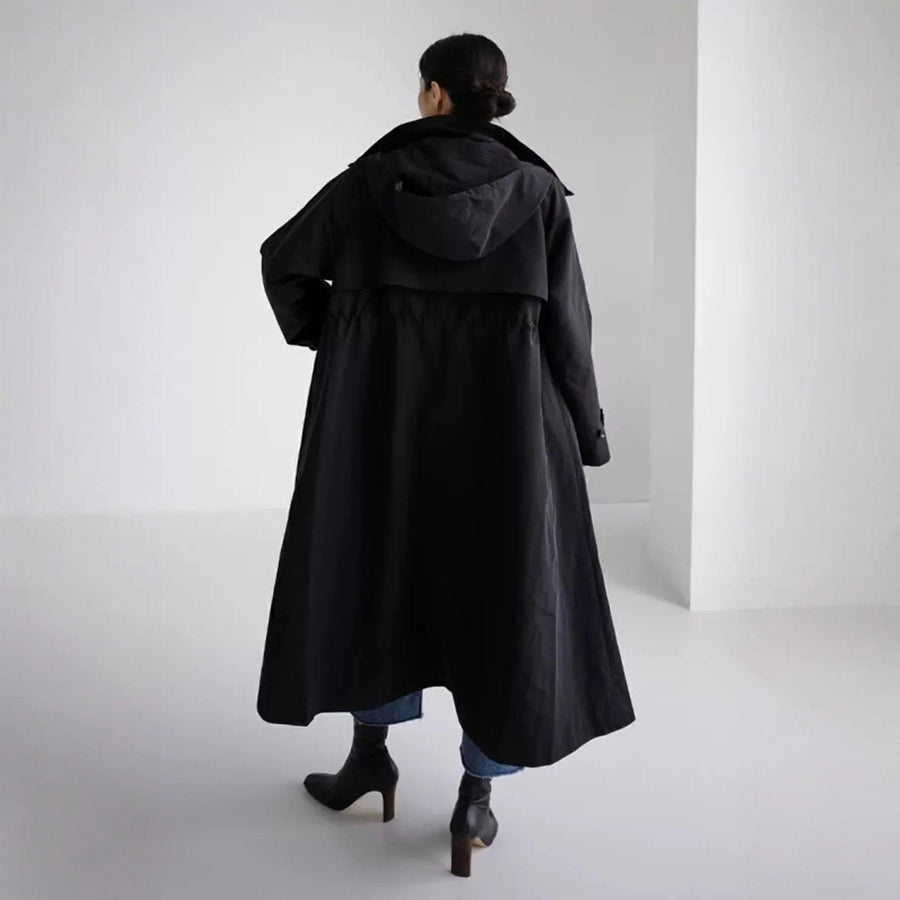 Long black hooded coat with a waist drawstring, casual style