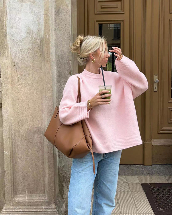 Hellrosa Oversize-Pullover mit Rundhalsausschnitt und langen Ärmeln