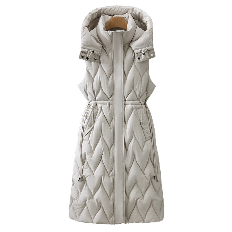 Long quilted sleeveless hooded puffer jacket with drawstring