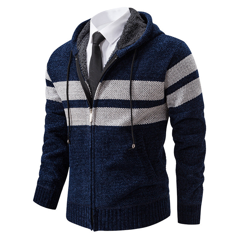 Strikket cardigan for menn med glidelås, hette og mykt fôr