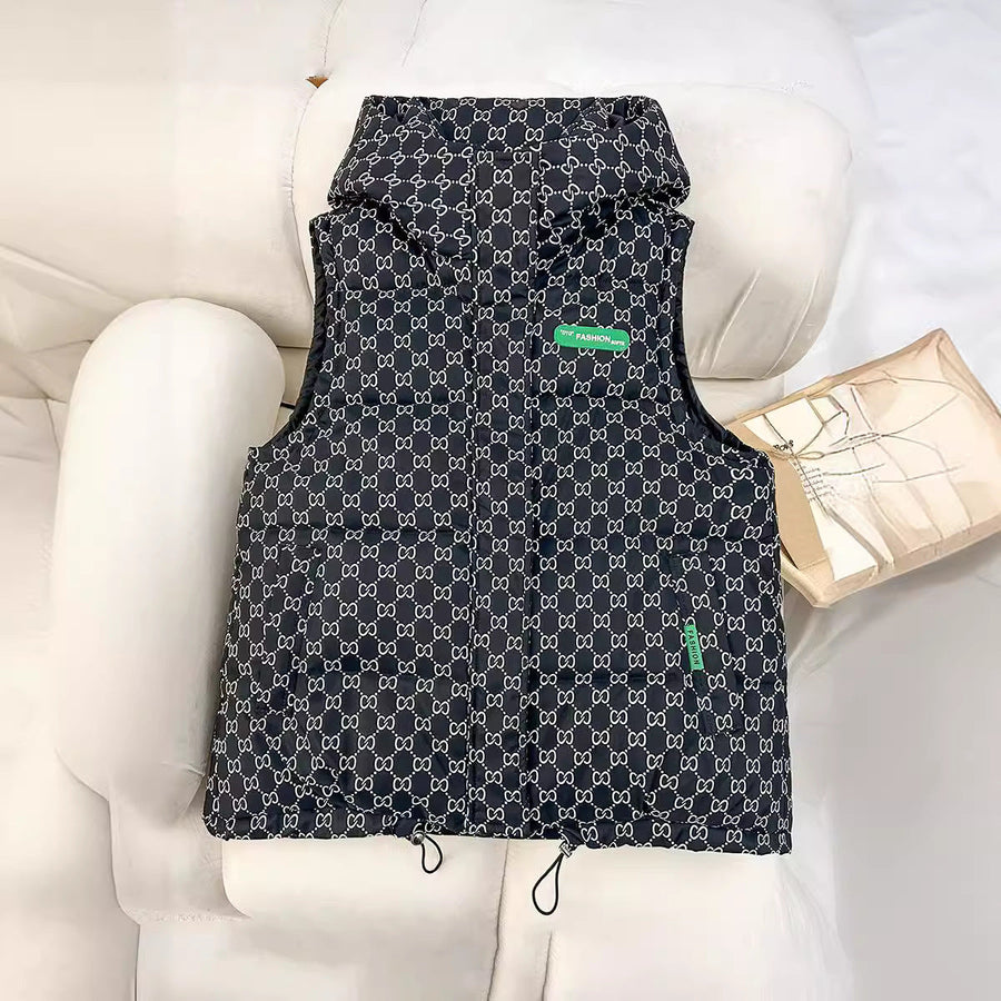 Unisex quilted sleeveless hooded jacket with assorted graphic patterns
