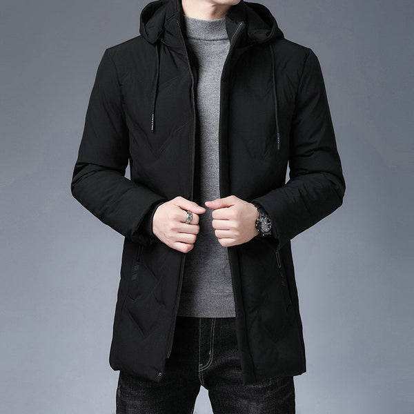 Men's Mid-Length Hooded Quilted Coat with Zip Closure