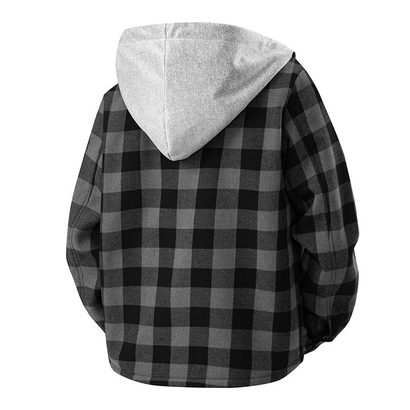 Men's plaid fleece-lined overshirt with hood - Black and Gray