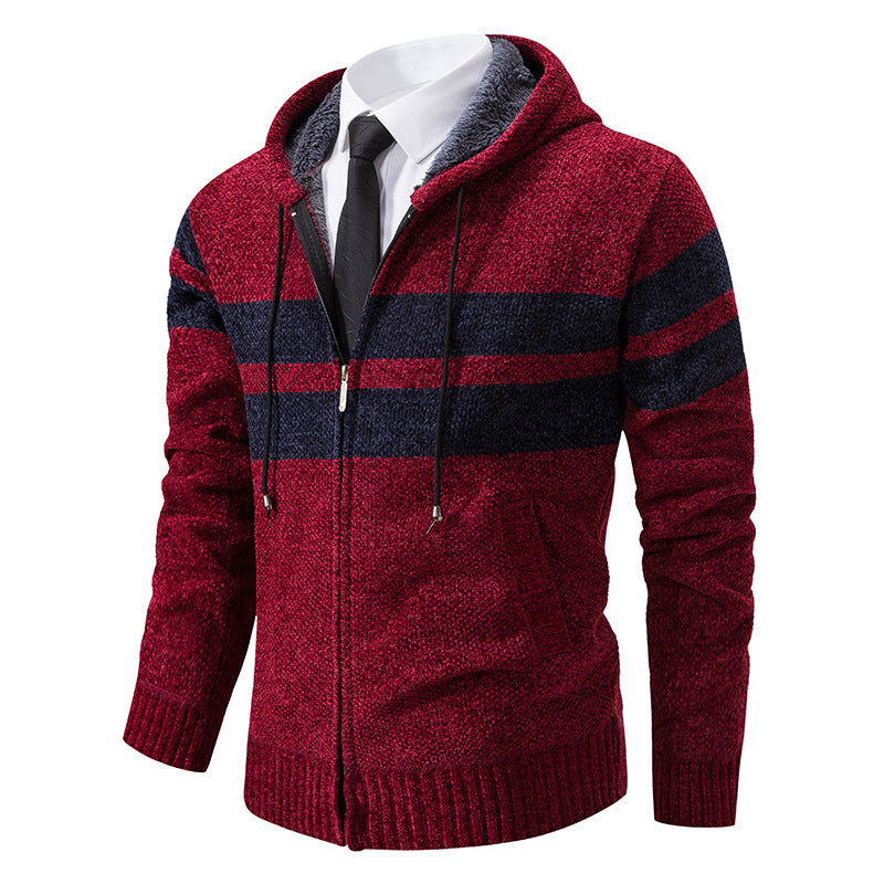 Strikket cardigan for menn med glidelås, hette og mykt fôr