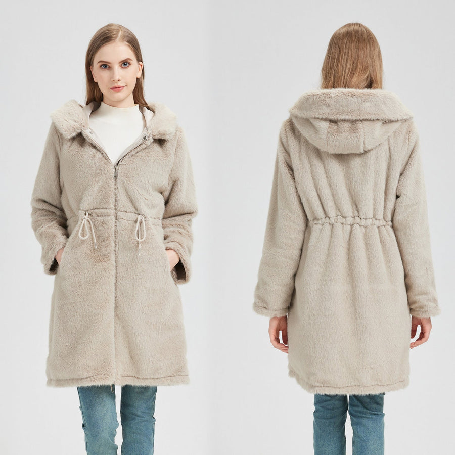 Women's long coat with fur-effect lined hood and adjustable waist