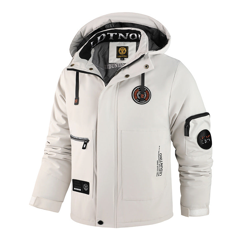 Men's Solid-Color Hooded Jacket with Pockets and Patches