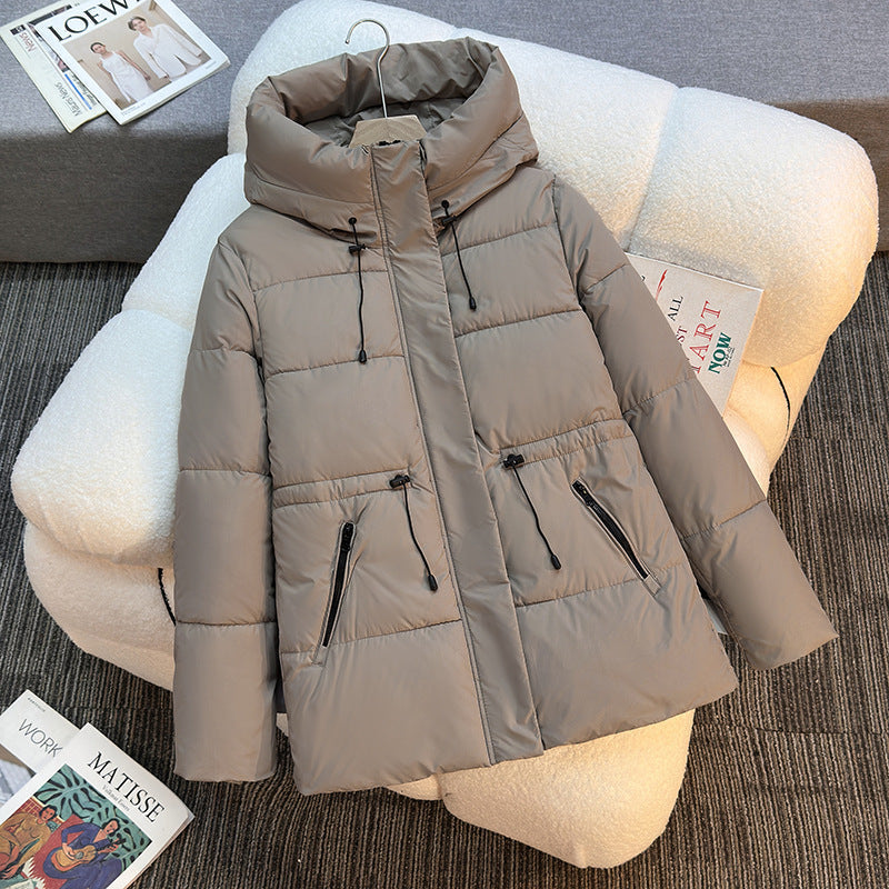 Short hooded puffer jacket with stand collar and drawstring, cream