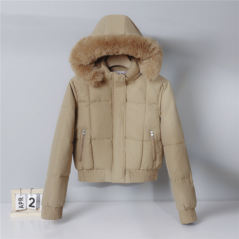 Women's short hooded puffer jacket with faux-fur trim