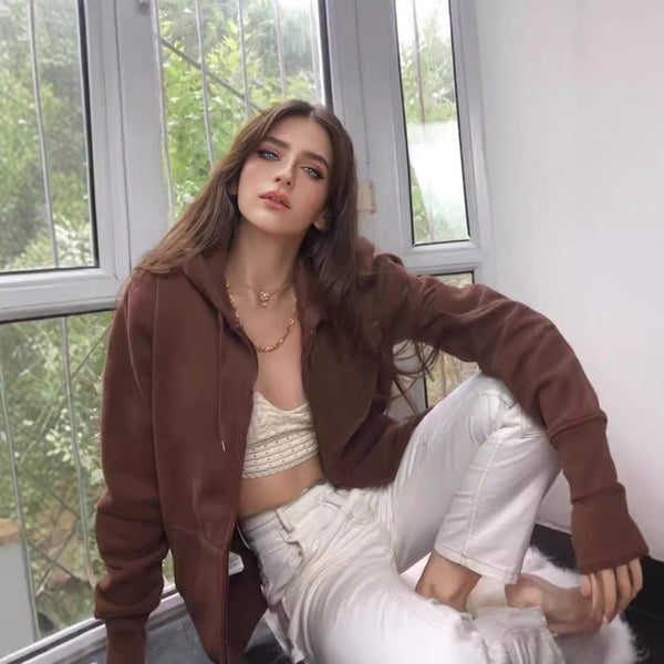 Felpa con cappuccio tinta unita, con cerniera e maniche lunghe, casual da donna