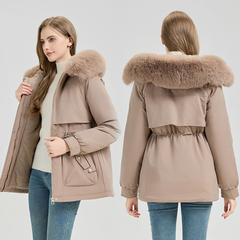 Damen-Parka mit Steppung, Kapuze mit Kunstpelzbesatz und verstellbarer Taille